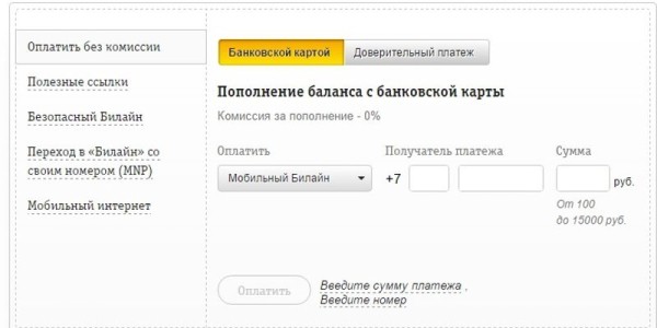 Пополнение счета Билайн банковской картой через интернет, терминал или в офисе компании